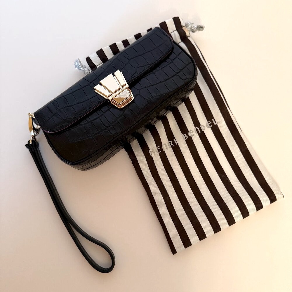 RARE! Henri Bendel Black Leather Wristlet Case | Pink Lining | Dustbag